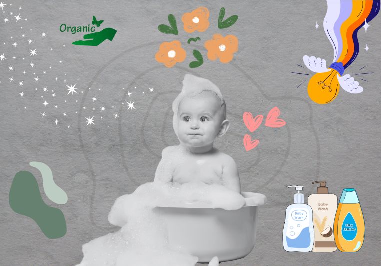 A baby is bathed and covered in soapy bubbles, looking content