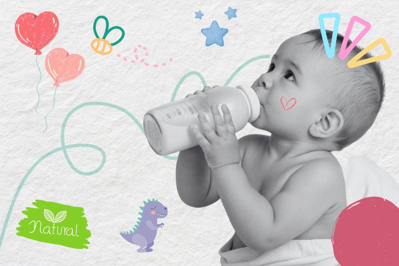 A baby is drinking milk from a bottle