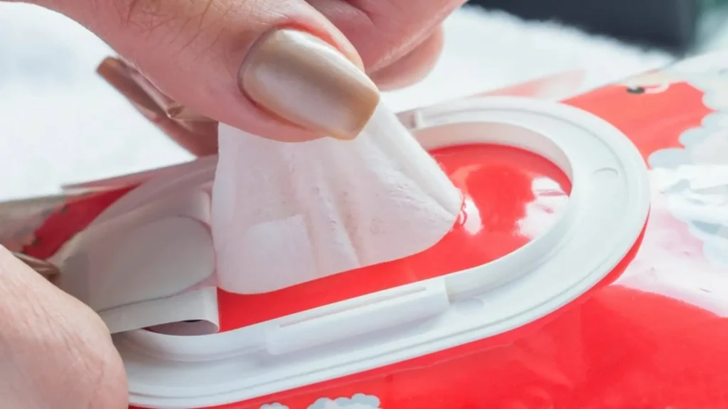 A woman is pulling a baby wipe from the box.