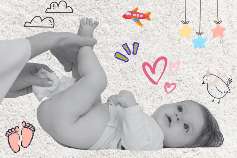 A mother is wiping her baby