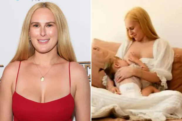 Rumer Willis (The daughter of Demi Moore and Bruce Willis). Left: posing in the red dress. Right: Breastfeeding her daughter.