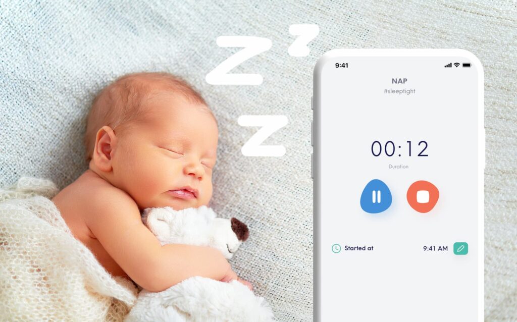 Baby sleep tracker app interface for Android, displaying sleep patterns and monitoring infant sleep quality.